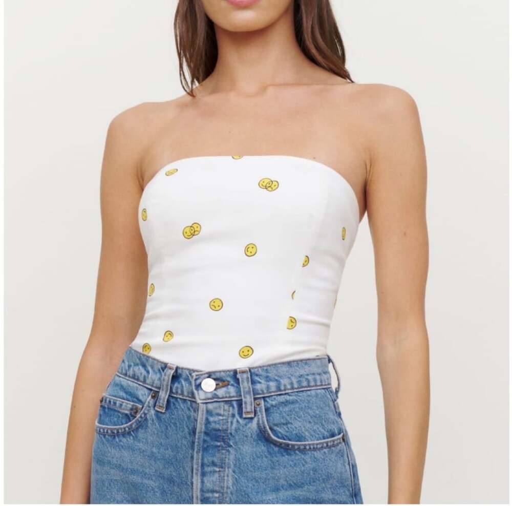 Reformation Smiley Mixed Emotions Graphic Print Strapless Tube Crop Top Size 8